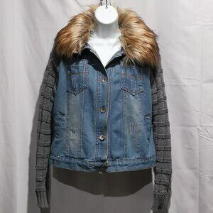 Denim Jacket with Sweater Sleeves and Faux Fur Collar Size L EUC #151